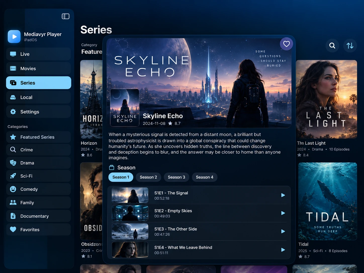 Series details in Mediavyr on iPad, with fictional demo media