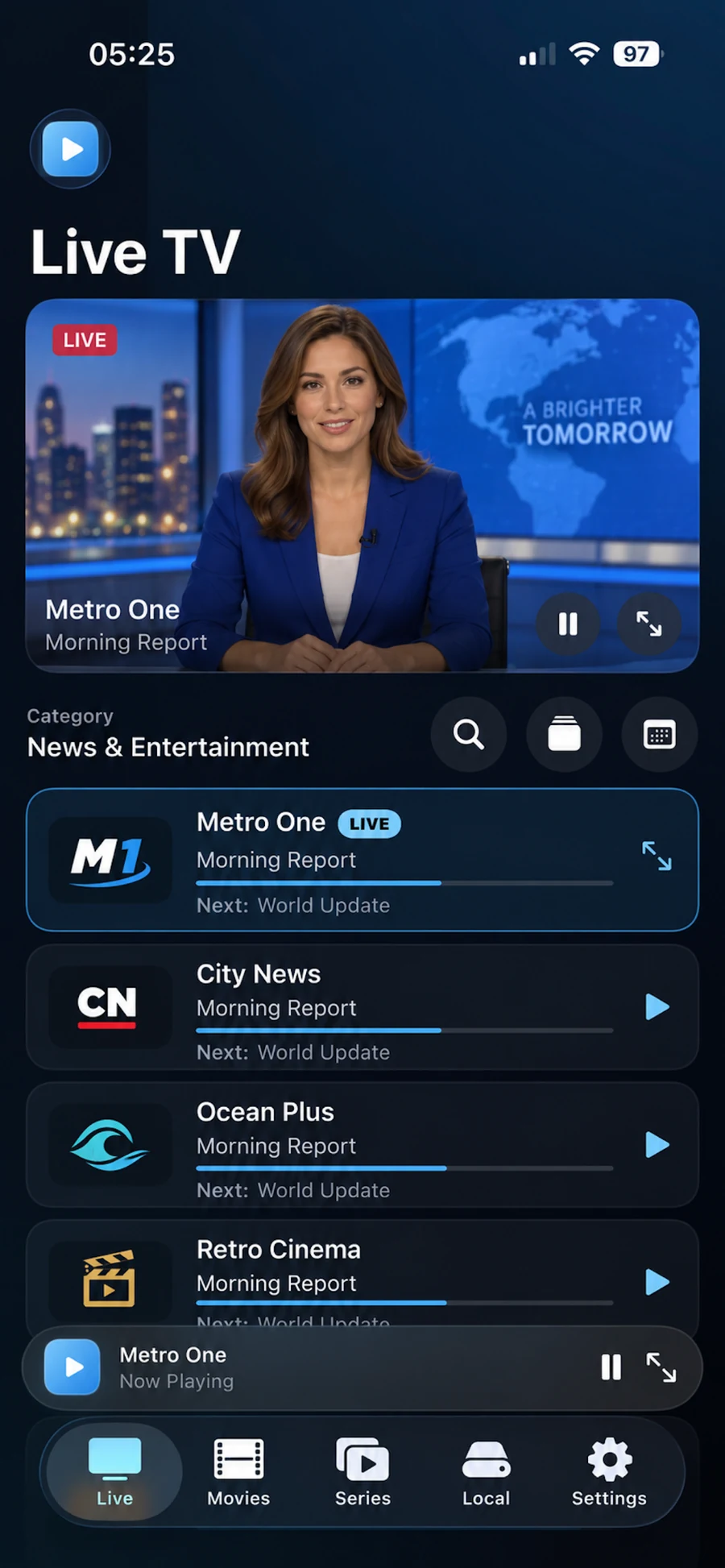 Live TV in Mediavyr on iPhone, with fictional demo channels