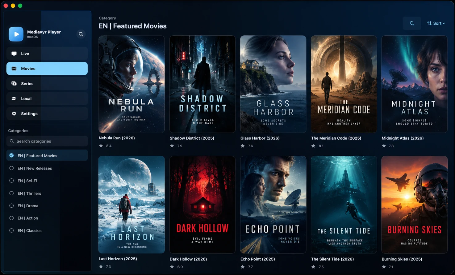 Movie library in Mediavyr on Mac, with fictional demo titles