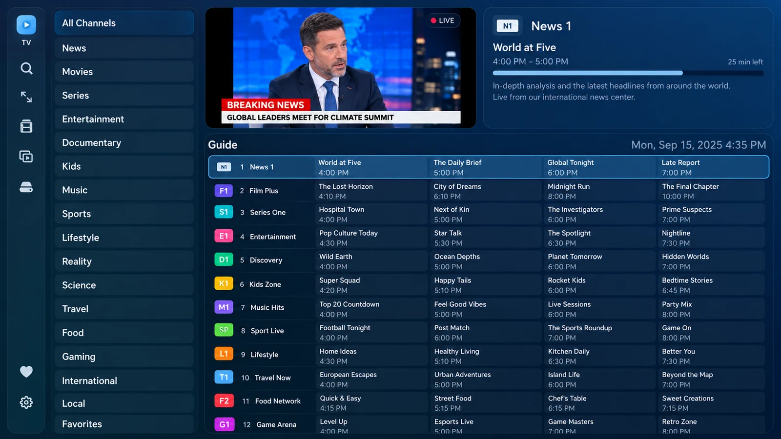 Mediavyr TV guide with fictional demo channels